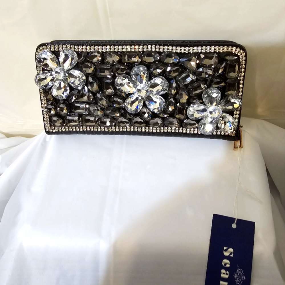 Rhinestone Flower Zippy Wallet